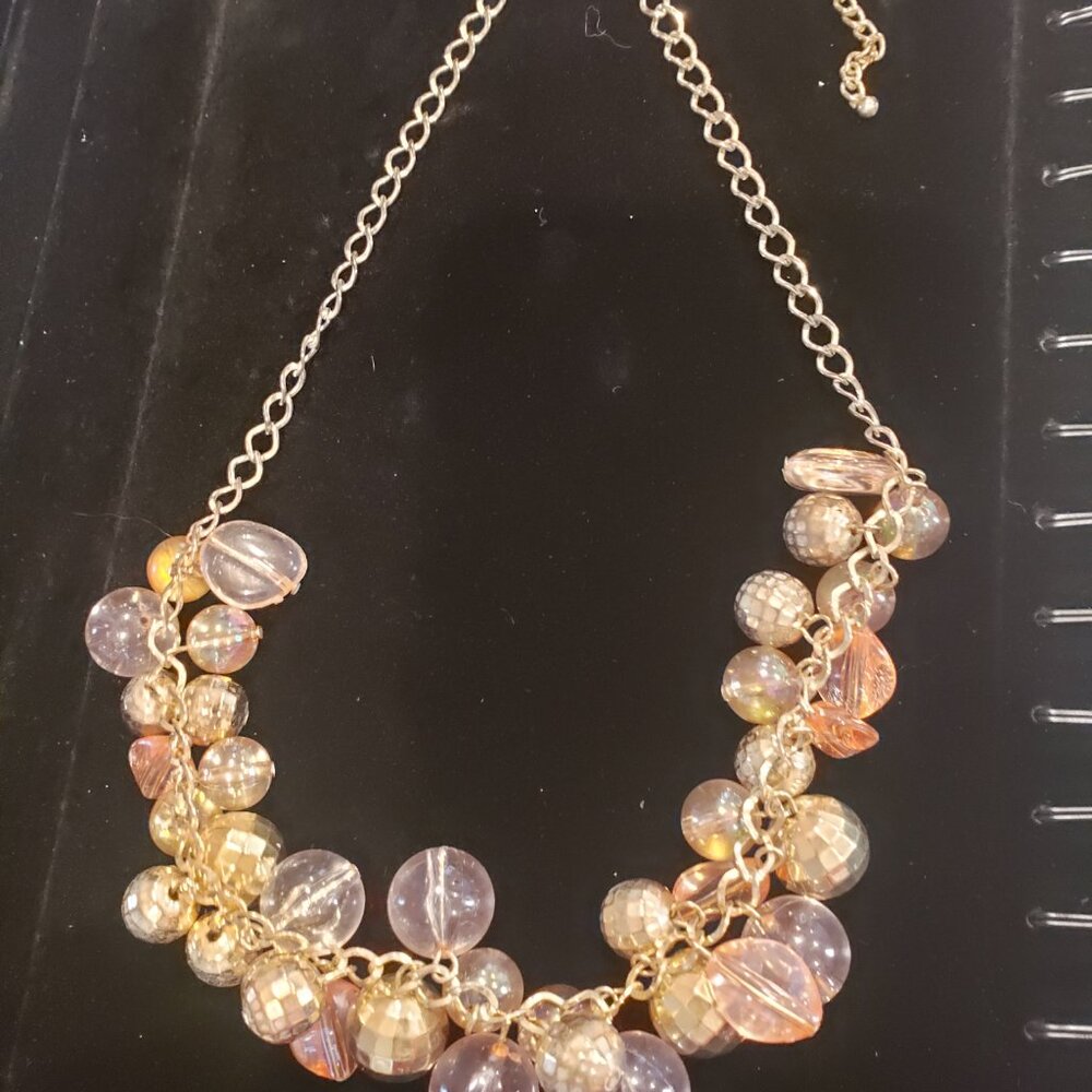 Retro Brass Tone Chain w/ Disco Ball and Peach Colored Beaded Necklace - Picture 4 of 11